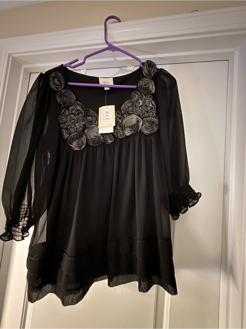 ECI Black Sheer Rosette-Trim Peasant Blouse